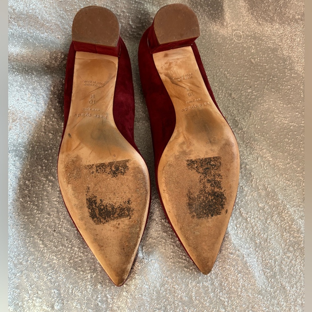 Pointed Toe Block Heel Pumps in Burgundy Suede - Picture 2 of 13